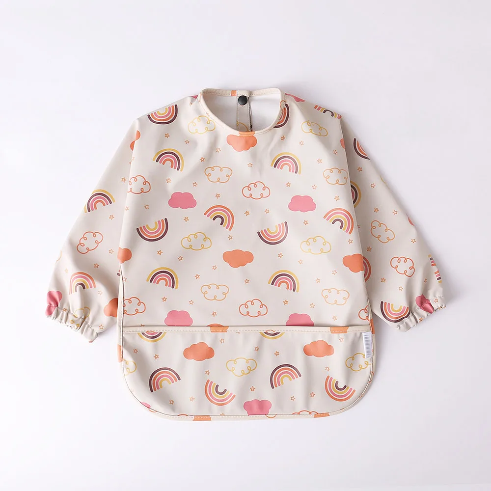 New Kids Eating Bib Art Drawing Apron Infant Mess Smock Drooling Bibs Kid Cartoon Print PU waterproof Long Sleeve Bibs factory