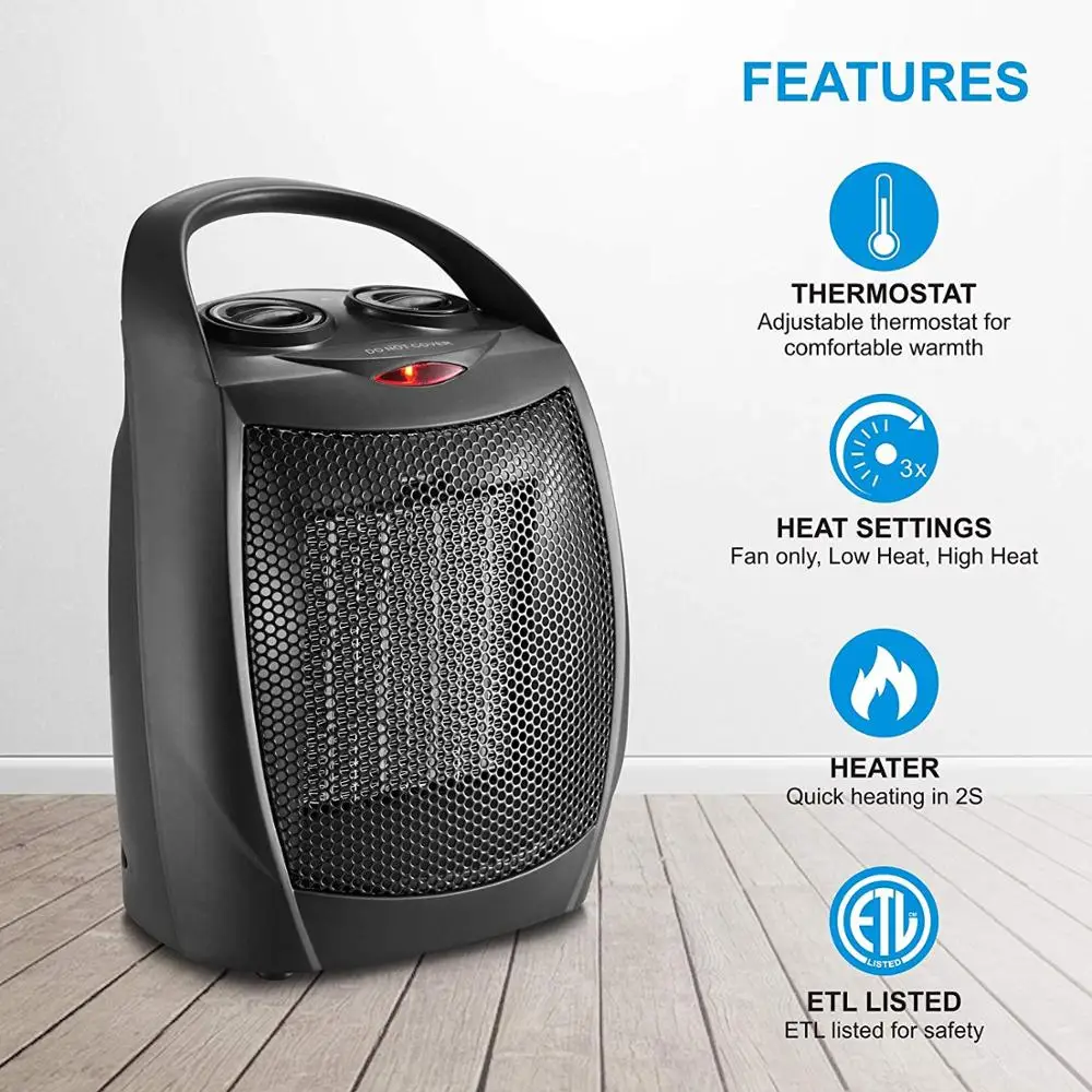 Small Ceramic Space Heater Electric Portable Heater Fan with Adjustable Thermostat for Home Fan Heater