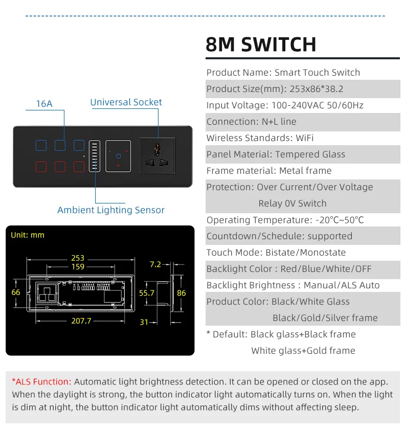 Universal Socket and Switch 4 5 6 8gang Touch Wall Light Switch WiFi Dimmer Switch Tuya Smart Fan Controller