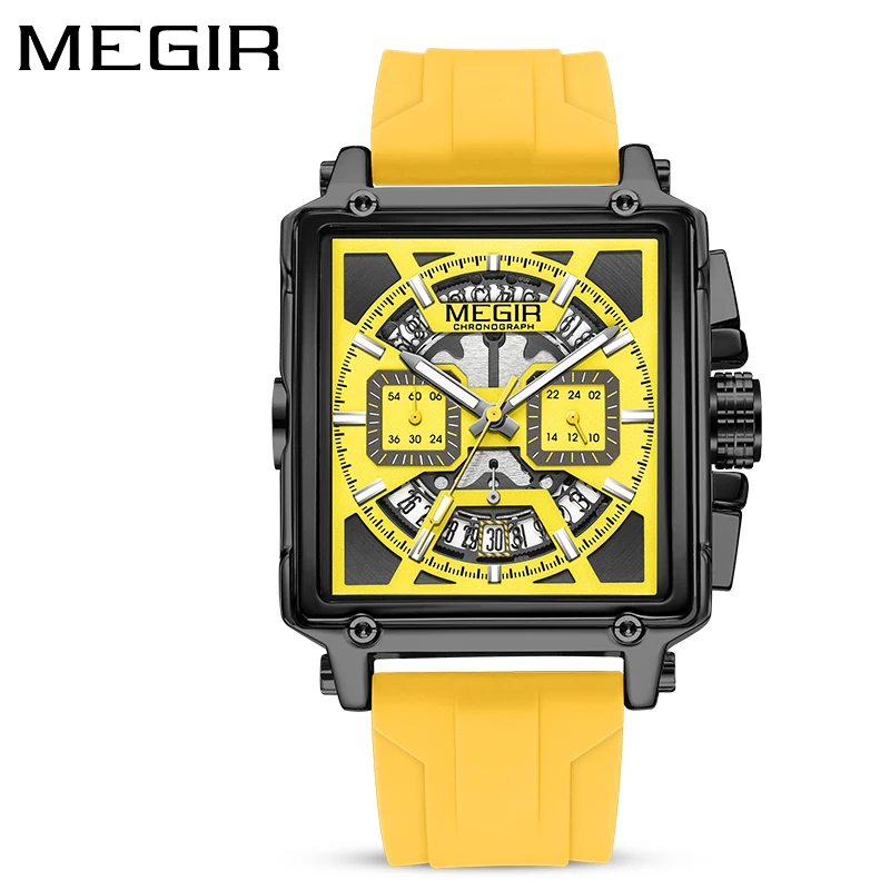 MEGIR 2233 Fashion Square Dial Yellow Silicone Men's Watches Luminous  Quartz Watches Sports Analogue Wristwatch for Men OEM