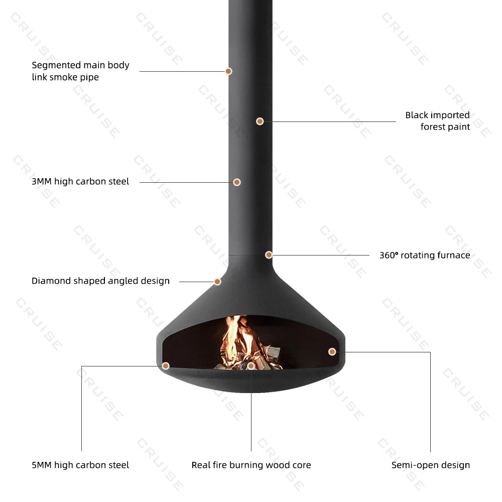 CRUISE Ceiling Mounted Low-Energy Refractory Furnace Suspended Wood Stove Gas 800mm Hanging Fireplace Indoor Living Room