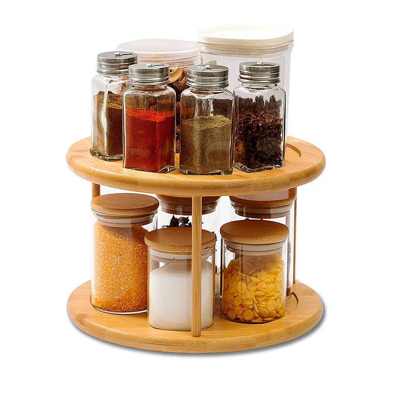 Wholesale Bamboo Countertop Revolving Spice Rack Lazy Susan Turntable Kitchen Seasoning Organizer with Empty Jars Pantry Kitchen