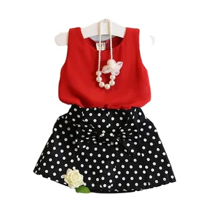 Kids Set Clothes with Red Sleeveless Top Polka-dot Chiffon Skirt
