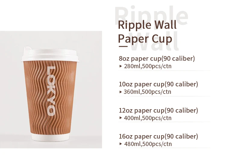 LOKYO Bio-degradable Pla Takeaway Black 8oz 12oz 16oz Ripple Double Wall Paper Cup Disposable Hot Paper Coffee Cup with Lids