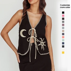 Women's  V Vest Casual Vintage Summer Casual Linen Cotton Blouse New Style Sexy Sleeveless Embroidery Crop Tops Femme