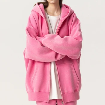 OEM/ODM Custom Women's 350G Fleece Long Winter Hoodie Jacket-Zipper & Hood Cotton-Poly Blend Vintage Wash Active Lifestyle