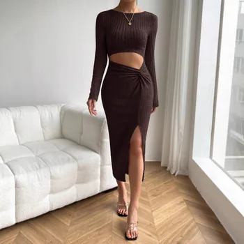 Women's Sexy Elegant Scoop Neck Twist Detail Dress Stretchy Bodycon Fit Split Hem Solid Color Long Sleeve Sweater Dress