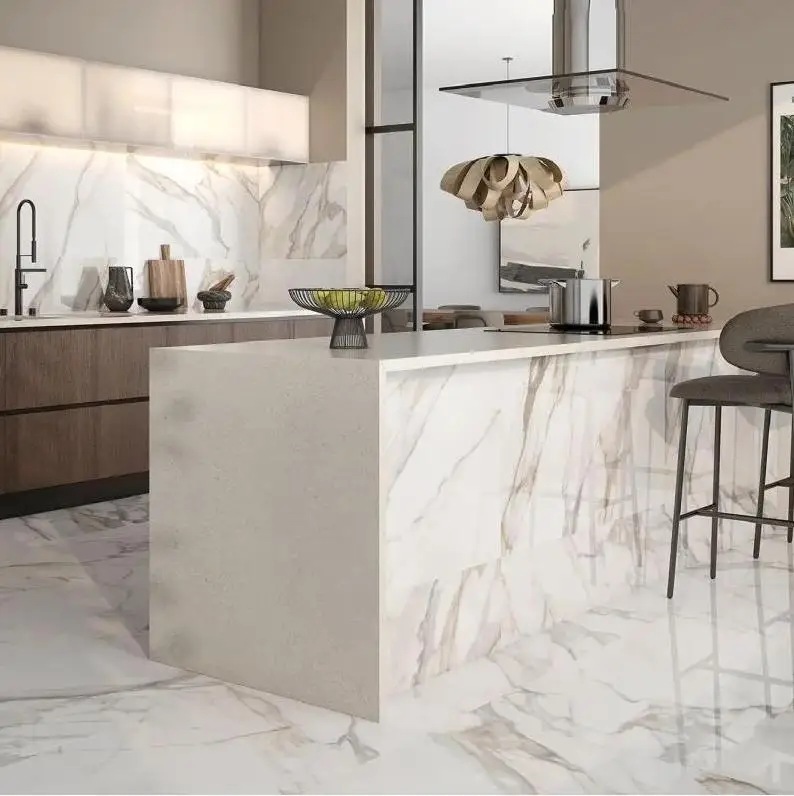 Modern Luxury Kitchen Vanity Top Natural Fish Belly Golden Marble Island Platform White Marble Countertop and Dining Table Top