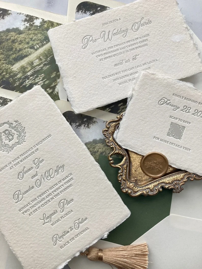 Custom Handmade Luxury Texture Classic Embossed Paper Letterpress Wedding Invitations Card With Initials