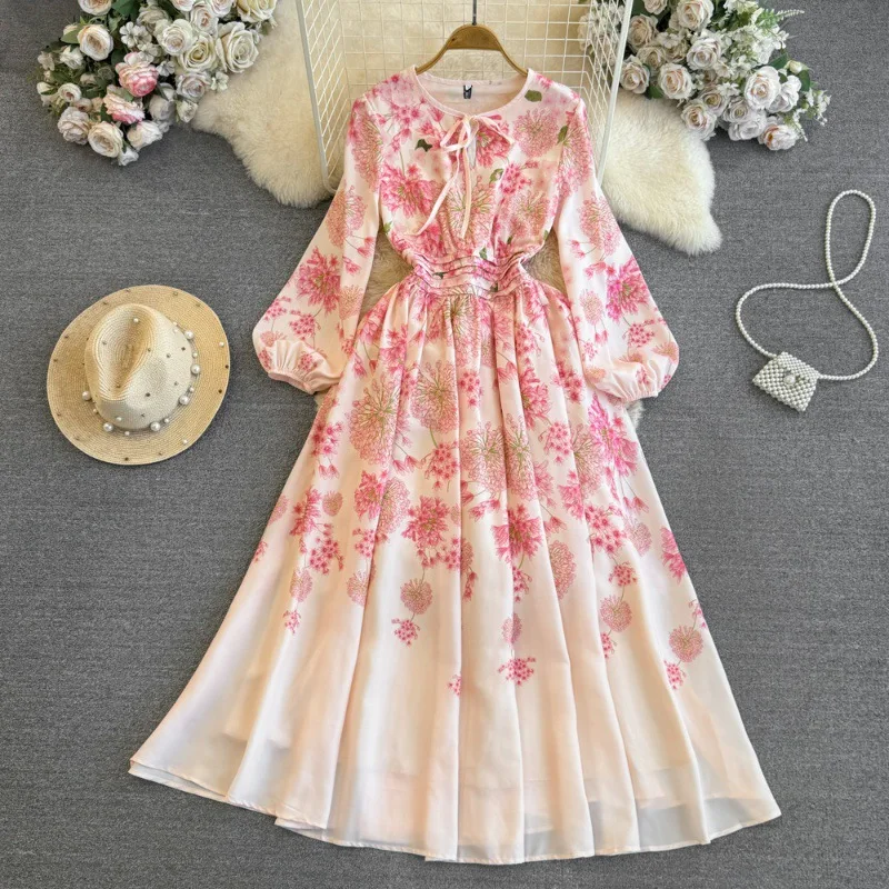 chinese dress ladies Korean Style] Floral Print Drawstring Cami Maxi Dress – Ordicle main image 1