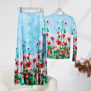 High Quality Women's Casual Style Two-Piece Set Pleated A-Line Skirt and Stretch Printed Top New Temperamental Fashion