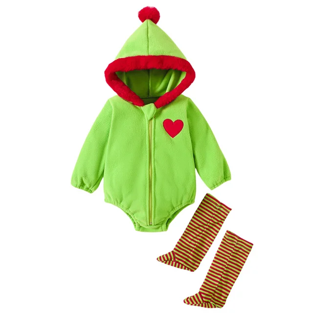Hot Selling New Christmas Children's Clothing Set Winter Baby Thick Warm Hooded Zip Jumpsuit+socks