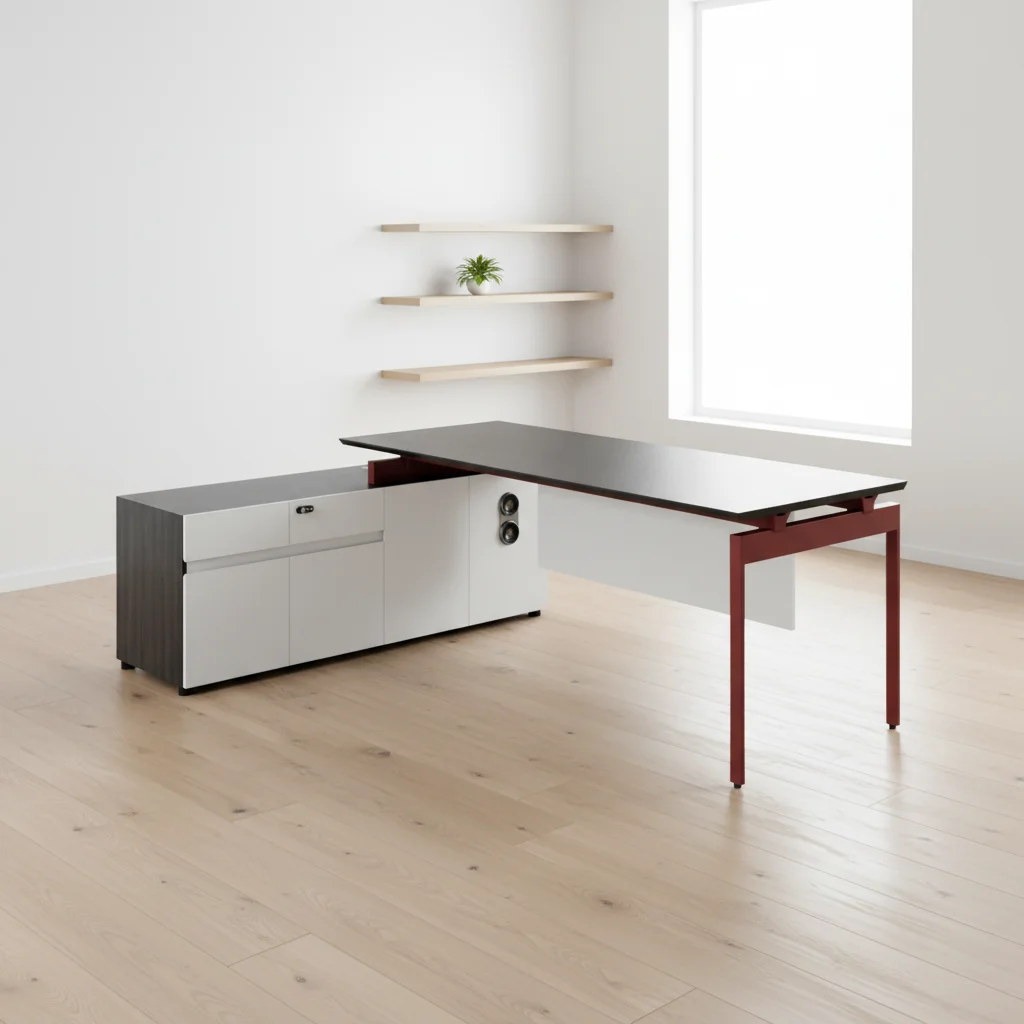 Mid-Level Foldable Office Desk Durable Wood Construction Aluminum Frame Cabinet Storage Space Modern Office Desk 3