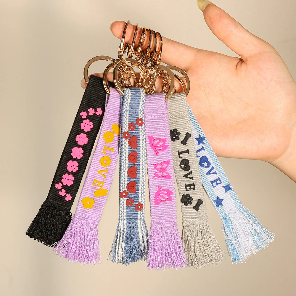 Tassel Keychain Fabric Key Rings Custom Woven Keychain With Tassel