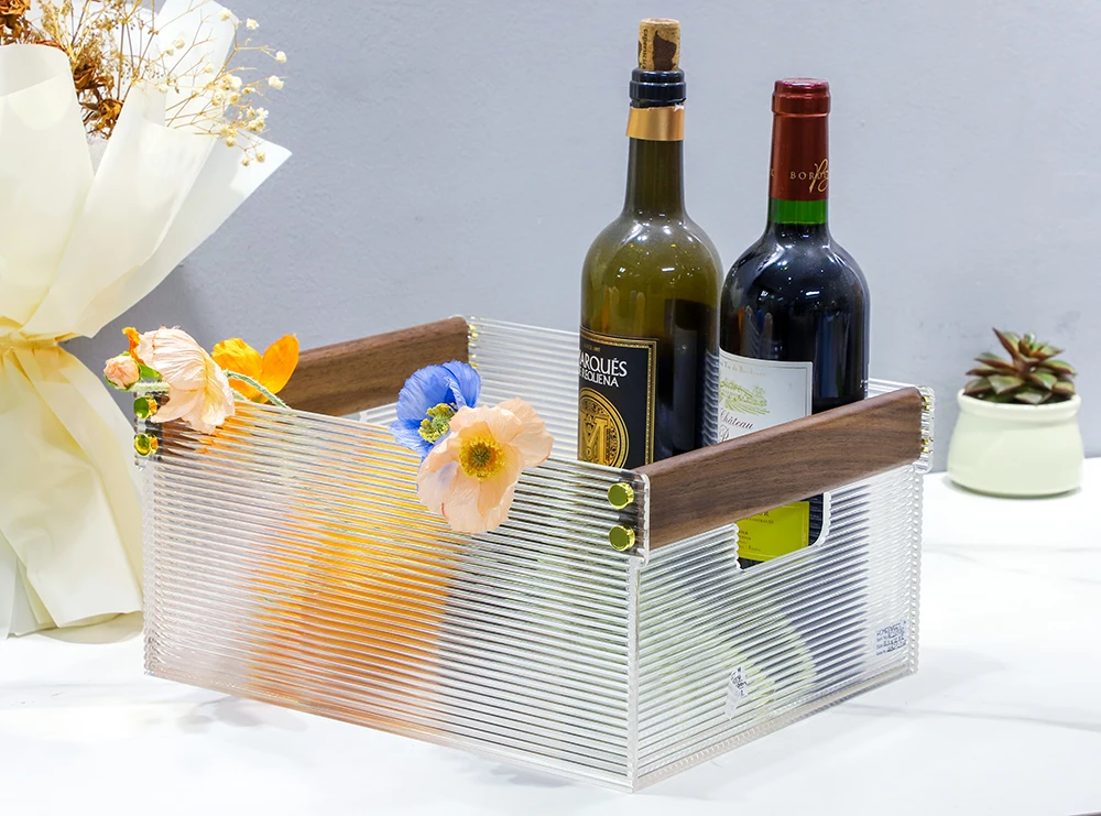 Clear Natural Wood Colour Storage Display Basket Organizer Display Acrylic Service Tray With Handle