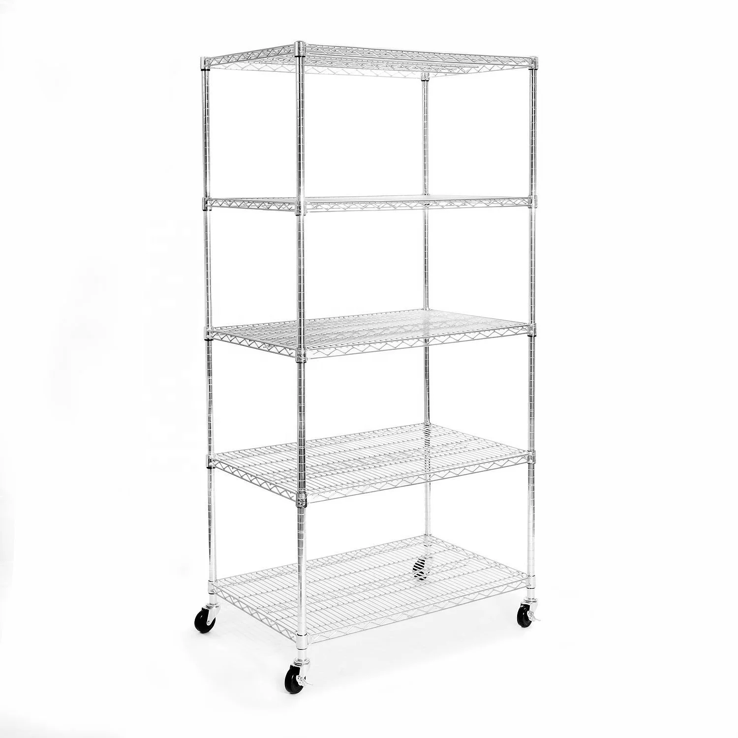 5 Tier Layer Shelf Adjustable Rolling Movable Chrome Metal Wire Shelving Rack with Wheels