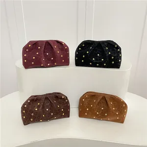 Simple Versatile Clip Evening Handbags for Women Solid Color Rivet Pleated Design Ladies Clutch Female Soft  Purse