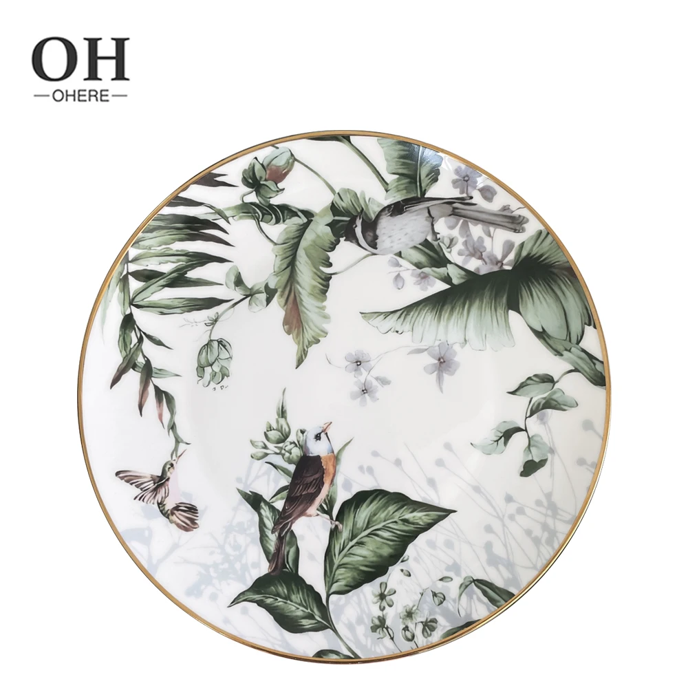 Ohere Customized Green Bone China Dinner Set Wedding Lovely Bird Dinnerware Sets for Event&Catering
