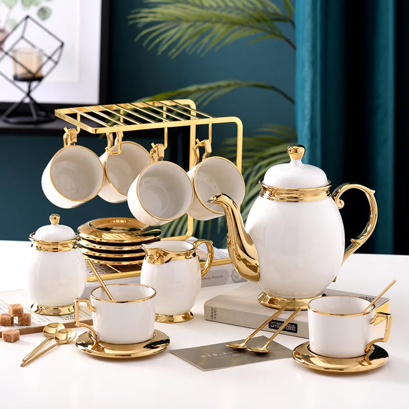 Valuable Emerald Color Ceramic Teapot Set Full Gold Rim Outside Cup with Dolphin Spout Which Is Quite Matched with Modern Life