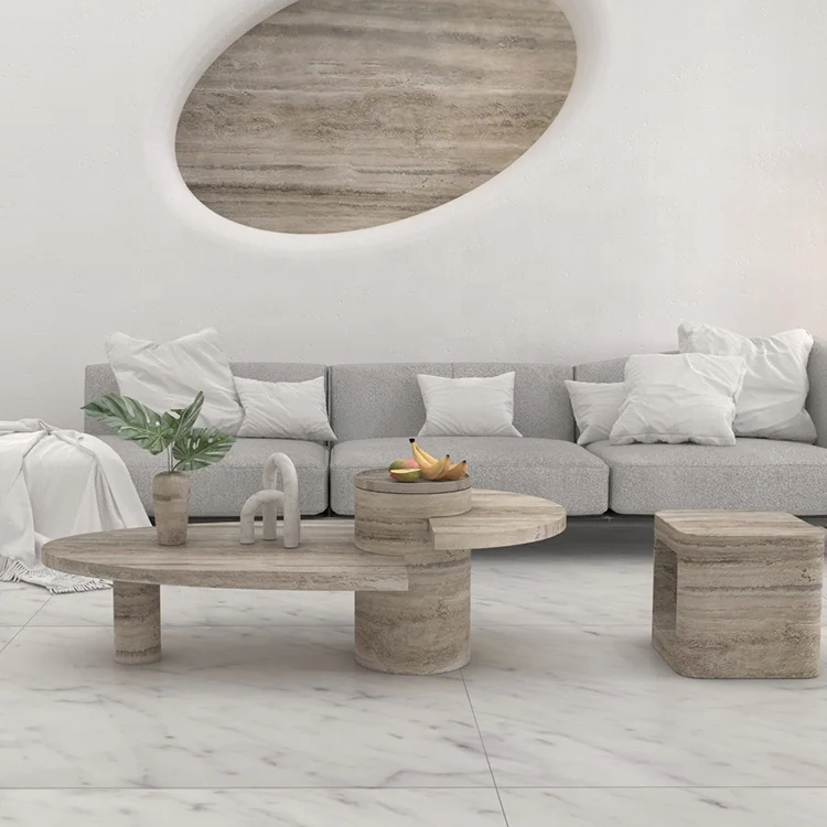 Coffee Table Set Luxury Modern, Contemporary Abstract Style 3 Pieces Fancy Silver Grey Travertine TV Stand Coffee Table