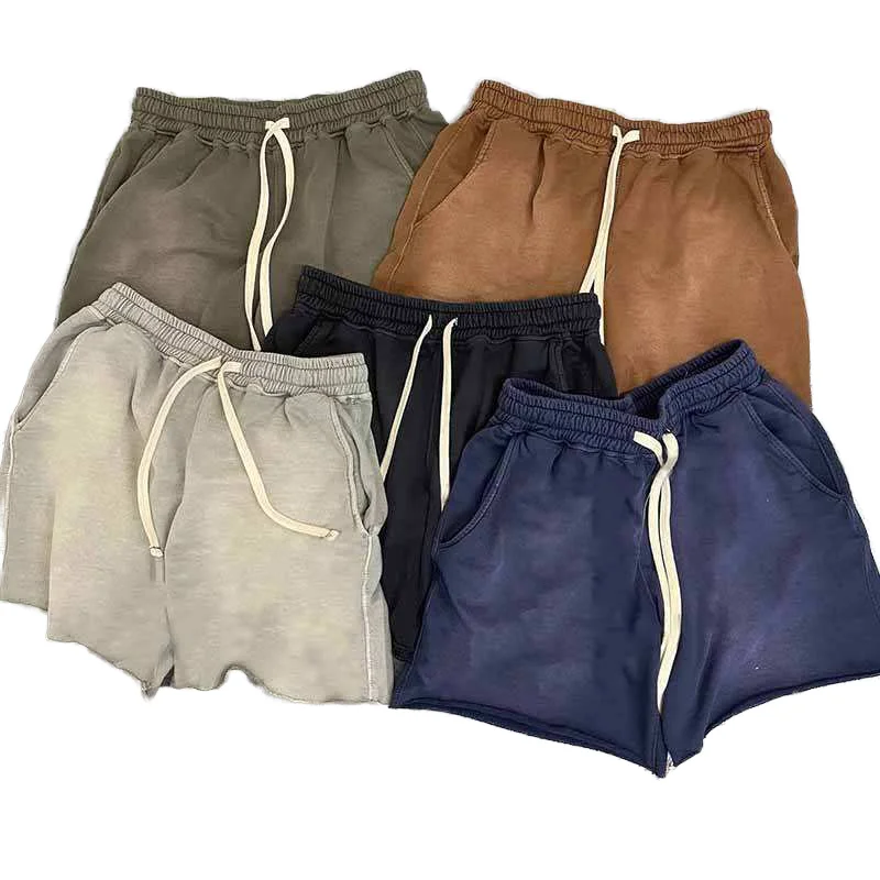 Men's Custom French Terry Gym Shorts High Quality Cotton Vintage Raw Edge Acid Wash Casual Streetwear Elastic Waist Closure
