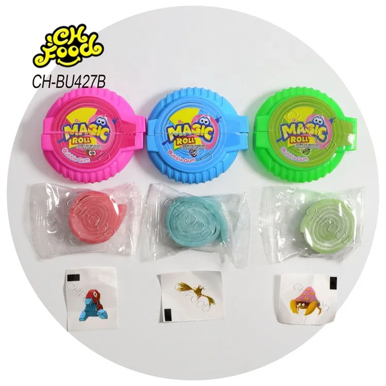 New Design OEM High Quality Fruit Flavor Crazy Roll Chewing Bubble Gum with Tattoo Wholesale Halal Gum Candy Sweets