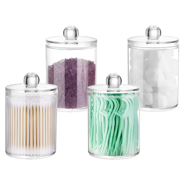 4 Pack Clear Plastic Apothecary Jars Lid Bathroom Dispenser Vanity Makeup Organizer Cotton Ball Pads Storage Organized Canister