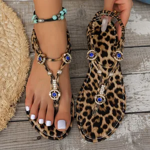 QuiteS 2026 New Plus Size Summer Round Toe Flat Bohemian Style Beaded Heels Leopard Print Sandals Casual Elegant Shoes for Women