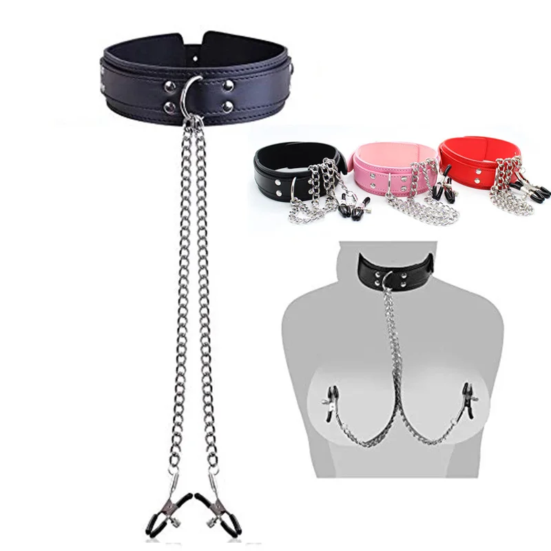 New Leather Choker Collar With Nipple Breast Clamp Clip Chain BDSM Bondage Gear Sex Toys For Women Sex Tools Couples Adult Games