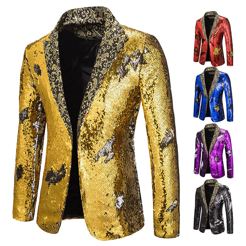 Caxndycing Veste De Smoking Pour Homme Avec Paillettes - Blazer Doré Pour Mariage, Fête, Homme - Veste Brillante - Un Bouton - Blazer De Loisirs - Smoking Party - Veste De Costume