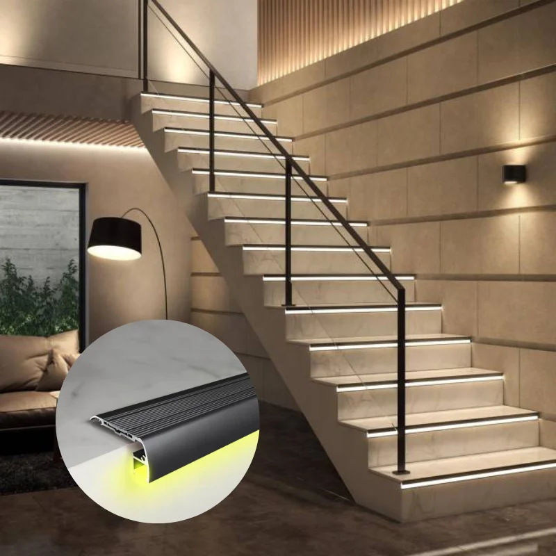 Modern Design LED Profile Aluminum Safety Light Step Stair Nosing Features Rubber Insert