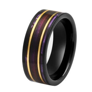 Exquisite Flat Black Tungsten Ring with Purple Shimmer-Sand Base Gold Inlay and Two Stripes Fashionable Mens Titanium Ring