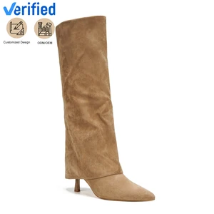 Dark Brown Suede Women's Knee-High Pointed-Toe Stiletto Heel Boots Elegant Fall & Winter Cowboy Style Footwear Rubber Insole