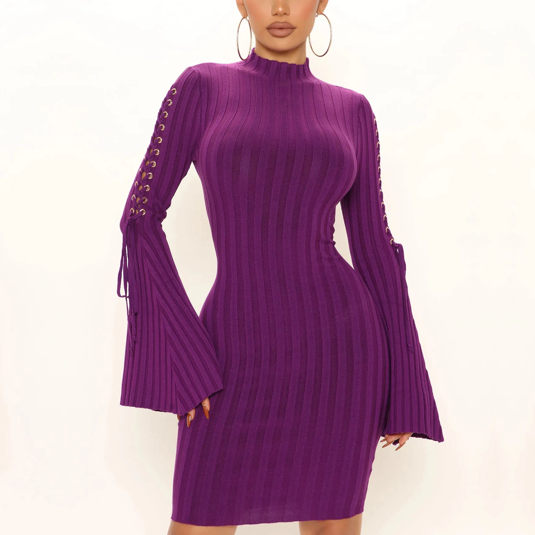 Fashion Fall Winter Clothing High Quality Cotton Knit Purple Color Plain Lace up Flare Long Sleeve Women Sweater Dress Fashion Fall Winter Clothing High Quality Cotton Knit Purple Color Plain Lace up Flare Long Sleeve Women Sweater Dress
