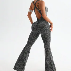 Women's Leopard Print One Piece Yoga Jumpsuit High Waist Booty-Lifting Flare Leg Tight Workout Bodysuit