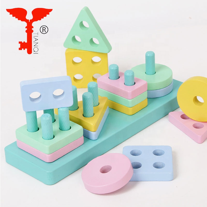 
Детские развивающие игрушки Монтессори, макроны, четыре набора колонн с геометрическими фигурами, строительные блоки, соответствующие цветные блоки 