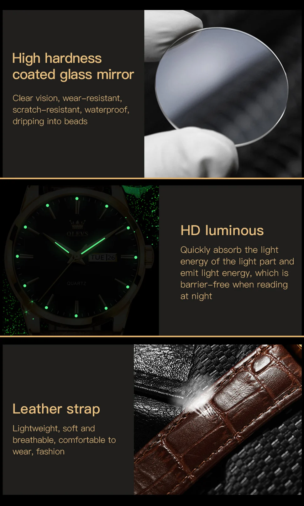 OLEVS 6898 Leather Quartz Watch Mens Watches Fashion Watch Men for Male Auto Date Rose Gold Shell Relogio Masculino