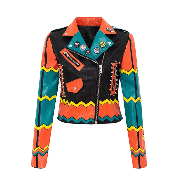 Professional New Design Fashion Custom Printing Graffiti Rivet Leather Jacket for Women