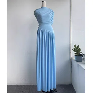 Factory Wholesale Design Elegant Party Dress Women Sleeveless Socialite Tight Waist Slim Pleated Stitching Long Dress Blue Gauze