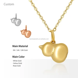 14K Solid Yellow Gold 3D Lucky Gourd Pendant Pure Gold Chinese Style 3D Trendy Charm with Link Chain