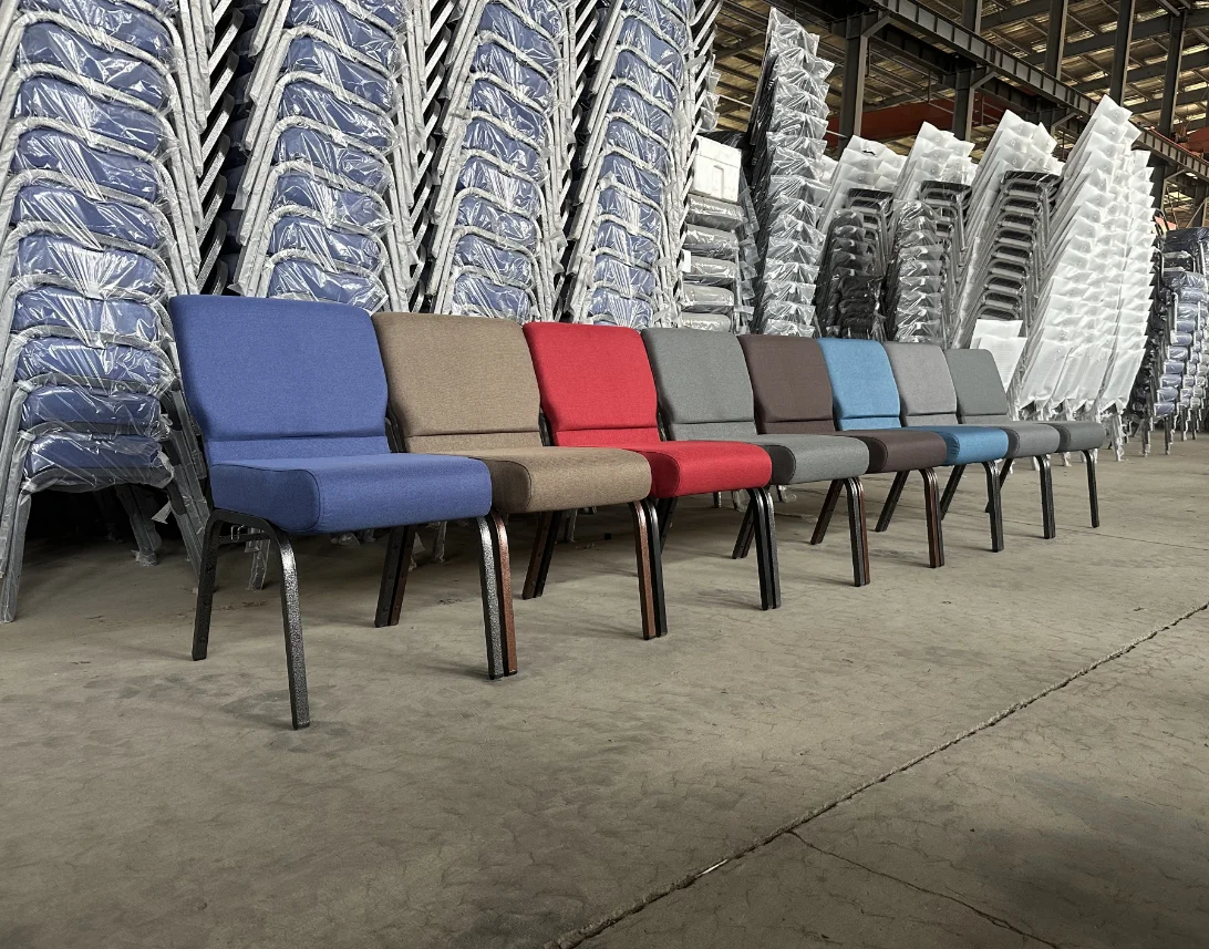Modern Fabric Iron Padded Church Chair Stackable with Under Rack for Prayers in Church School & Hospital