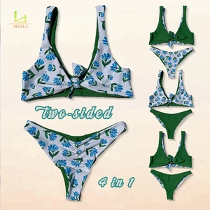 Huili Manufacturer High Quality Women Design Two Sided Beachwear Custom logo Bikini Set Solid Color & Print Reversible Swimsuit
