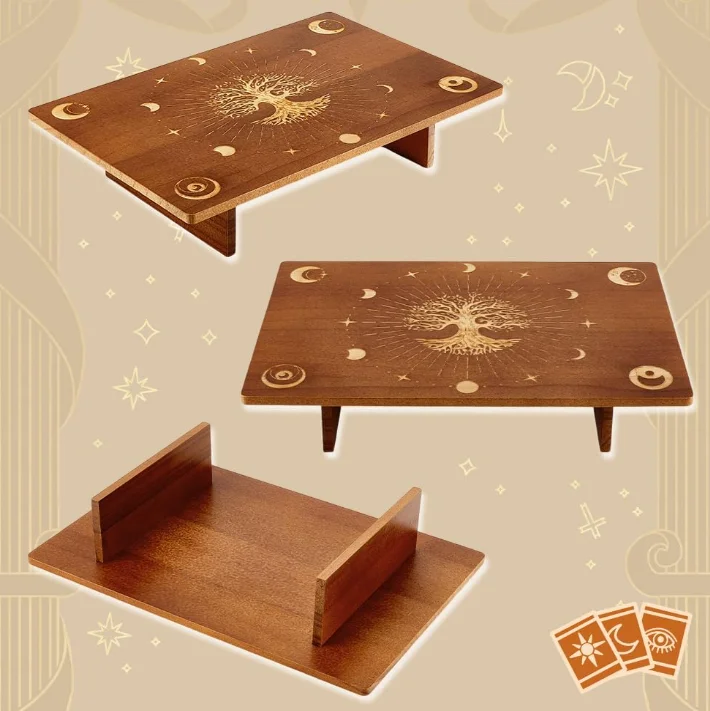 Custom Pattern Moon Tree Engraved Design Wood Wiccan Alter Table Wooden Meditation Altar Table