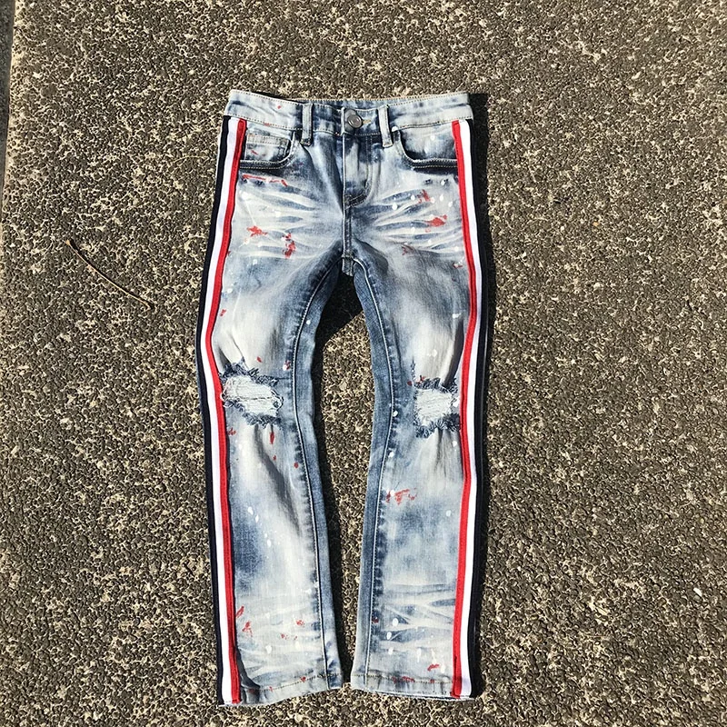 In stock wholesale drop shipping Children jeans for little boys blue color with red strip fashion jeans boys