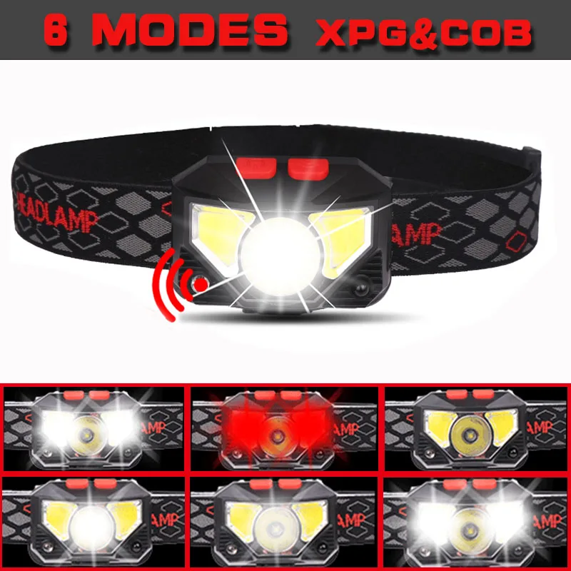 USB Rechargeable LED Headlamp Most Powerful Waterproof ABS Body Head Torch Flashlight for Camping Hiking Sensor Head Light