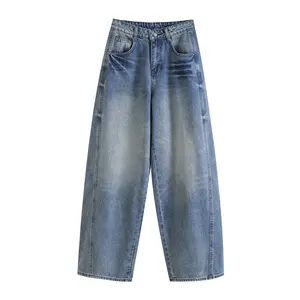 European American-style New Women's Classic Loose Mid Waist Denim All-match Fashionable Western-style Winter Crease Wash Jeans