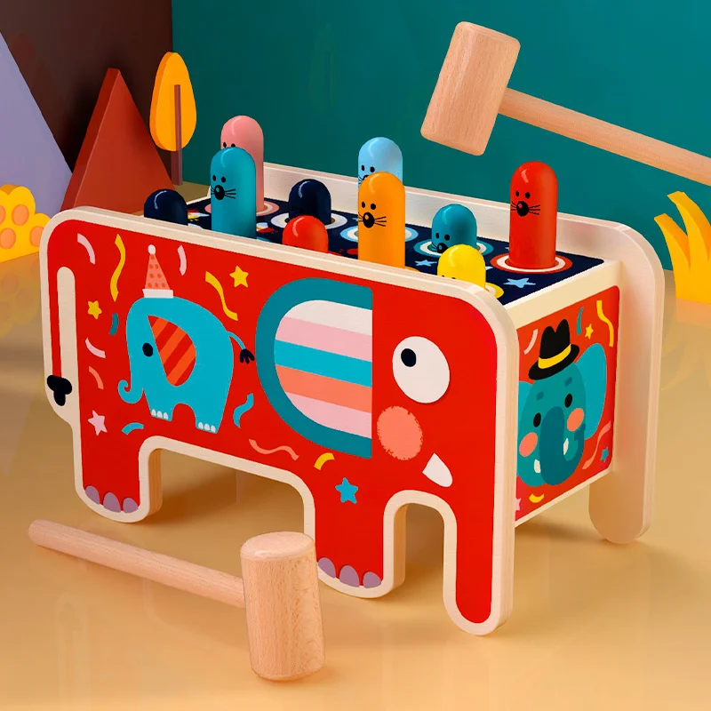 Children Hit Gopher Wood Knock Toy Elephant Cart Knock Dinosaur Tractor Large Educational Toy