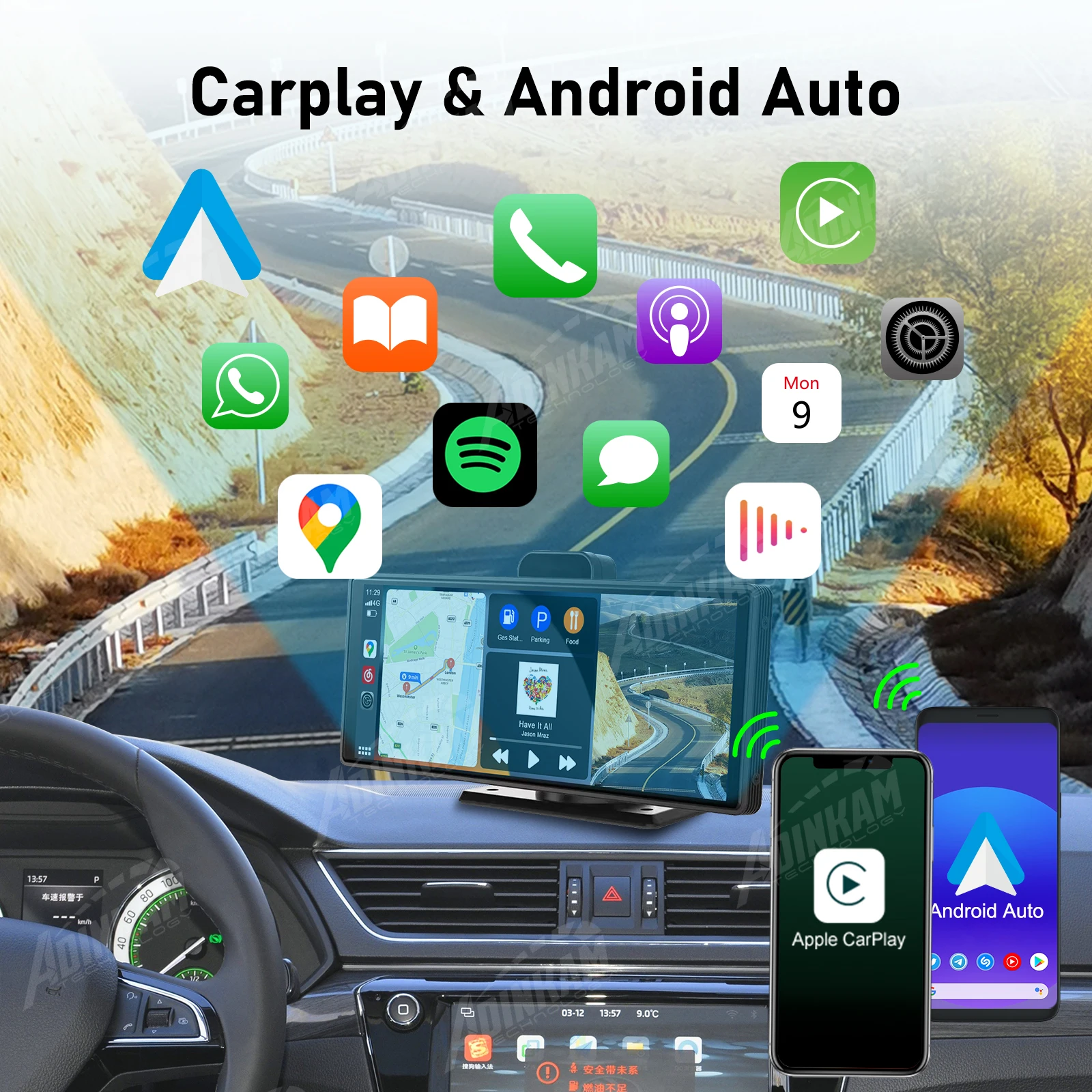 Adinkamcarplay Inalámbrico Para Coche,10,26 ",Android Auto,H.265,Adas