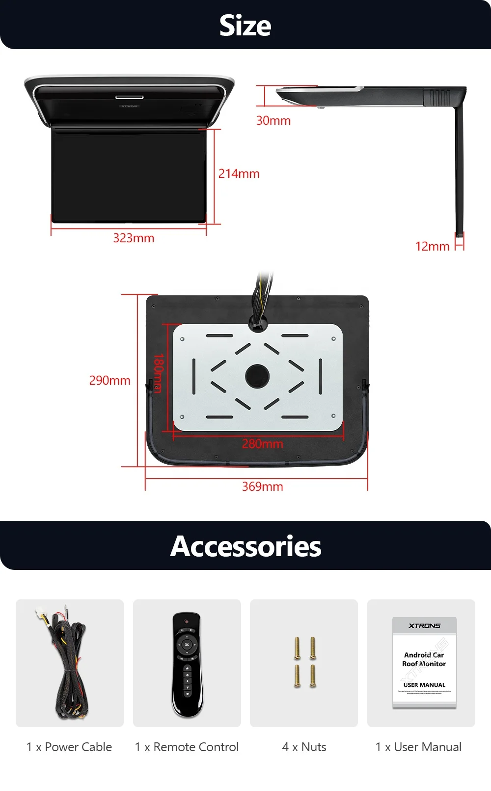 XTRONS 14" FHD IPS Car Screen Ceiling Flip Down Bus Monitor 1920*1080 Overhead Roof Android Car Monitor HD / CVBS Input Car TV