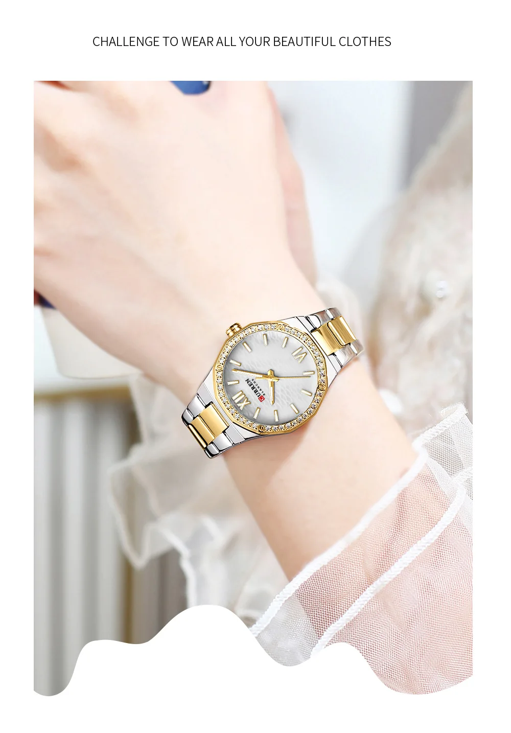 CURREN 9103 Elegant Rhinestone Ladies Watch Lightweight Luminous Quartz Watch Waterproof Stainless Steel Clock